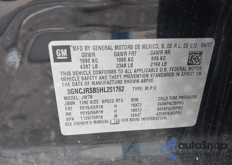 2017 Chevrolet Trax Premier z USA, uszkodzony, nr VIN 3GNCJRSB5HL251762